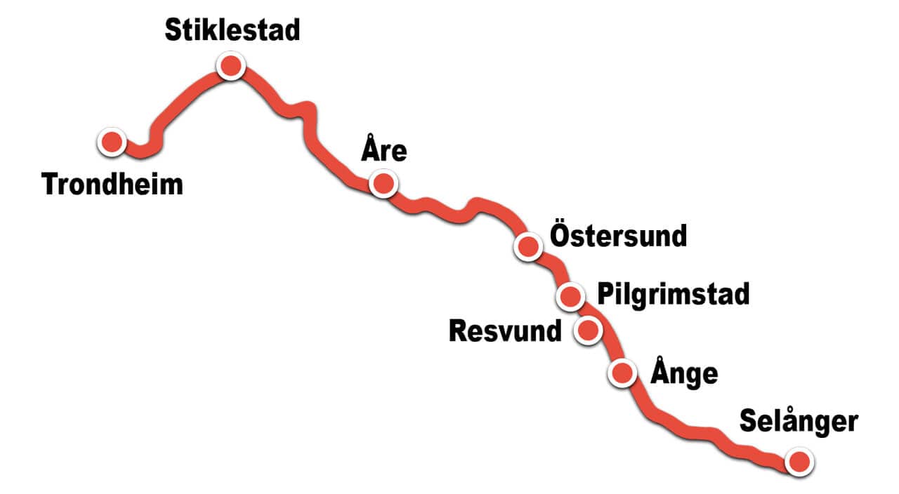 Karta över St Olavsleden som går förbi Ånge.